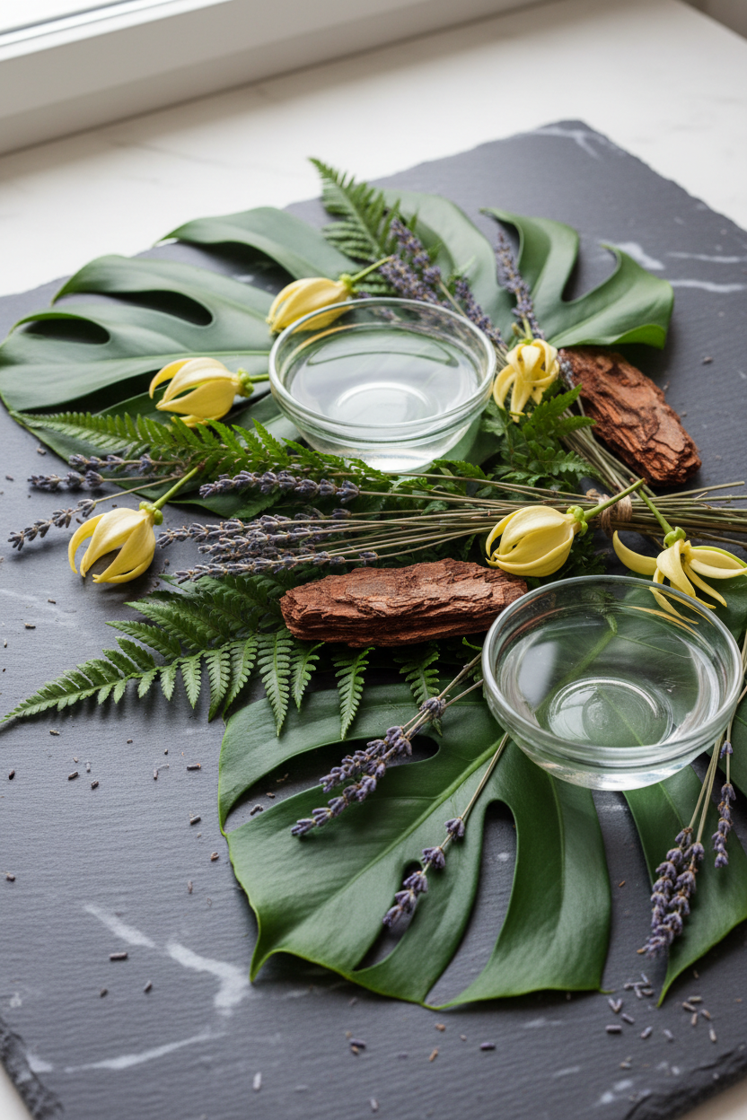 Spa botanical background with lavender, cedarwood, and ylang ylang botanicals on dark slate surface