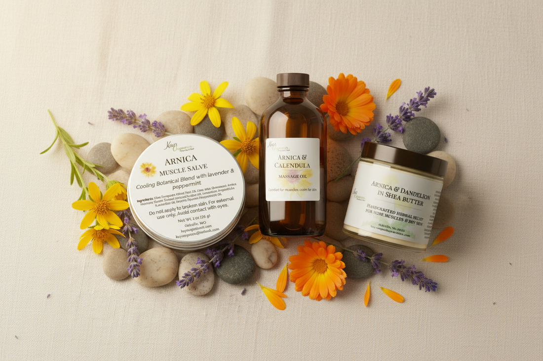 Kay's Organics Arnica Muscle Salve, Arnica & Dandelion Shea Butter, and Arnica & Calendula Massage Oil — small-batch botanical comfort products handcrafted in St. Louis.