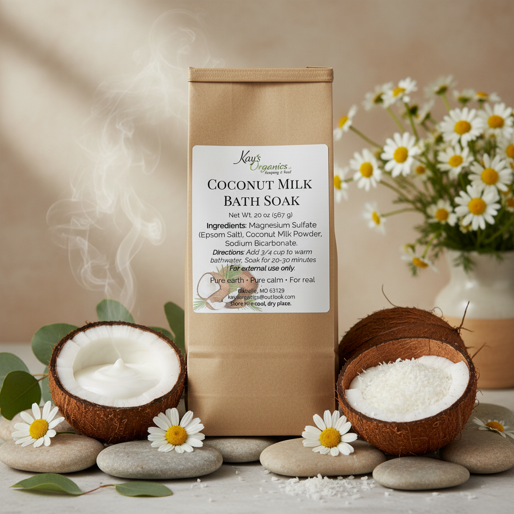 Coconut Milk Bath Soak - Current Packaging with Herbal & Coconut Background