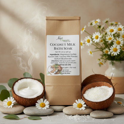 Coconut Milk Bath Soak - Current Packaging with Herbal & Coconut Background