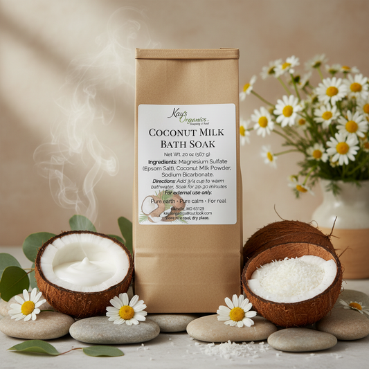 Coconut Milk Bath Soak - Current Packaging with Herbal & Coconut Background