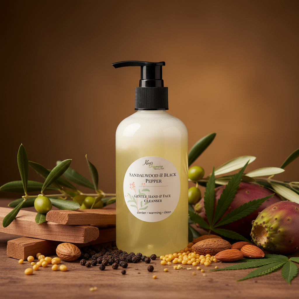 Sandalwood & Black Pepper Gentle Hand and Facial Cleanser with full botanical ingredient background