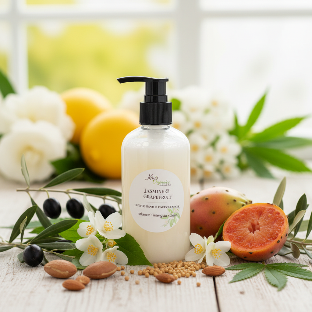 Jasmine & Grapefruit Gentle Hand and Face Cleanser with jasmine flowers and grapefruit botanical background