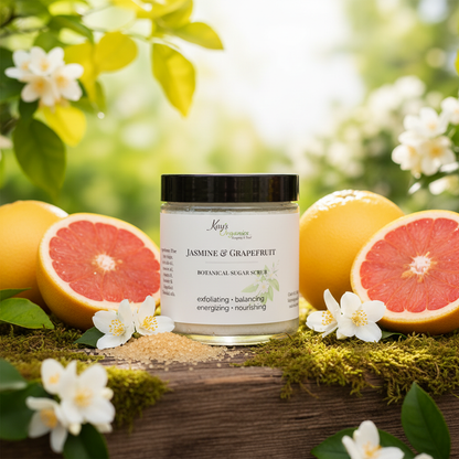 Jasmine and Grapefruit Sugar Scrub with jasmine flowers, grapefruit and sugar crystals outdoor botanical background