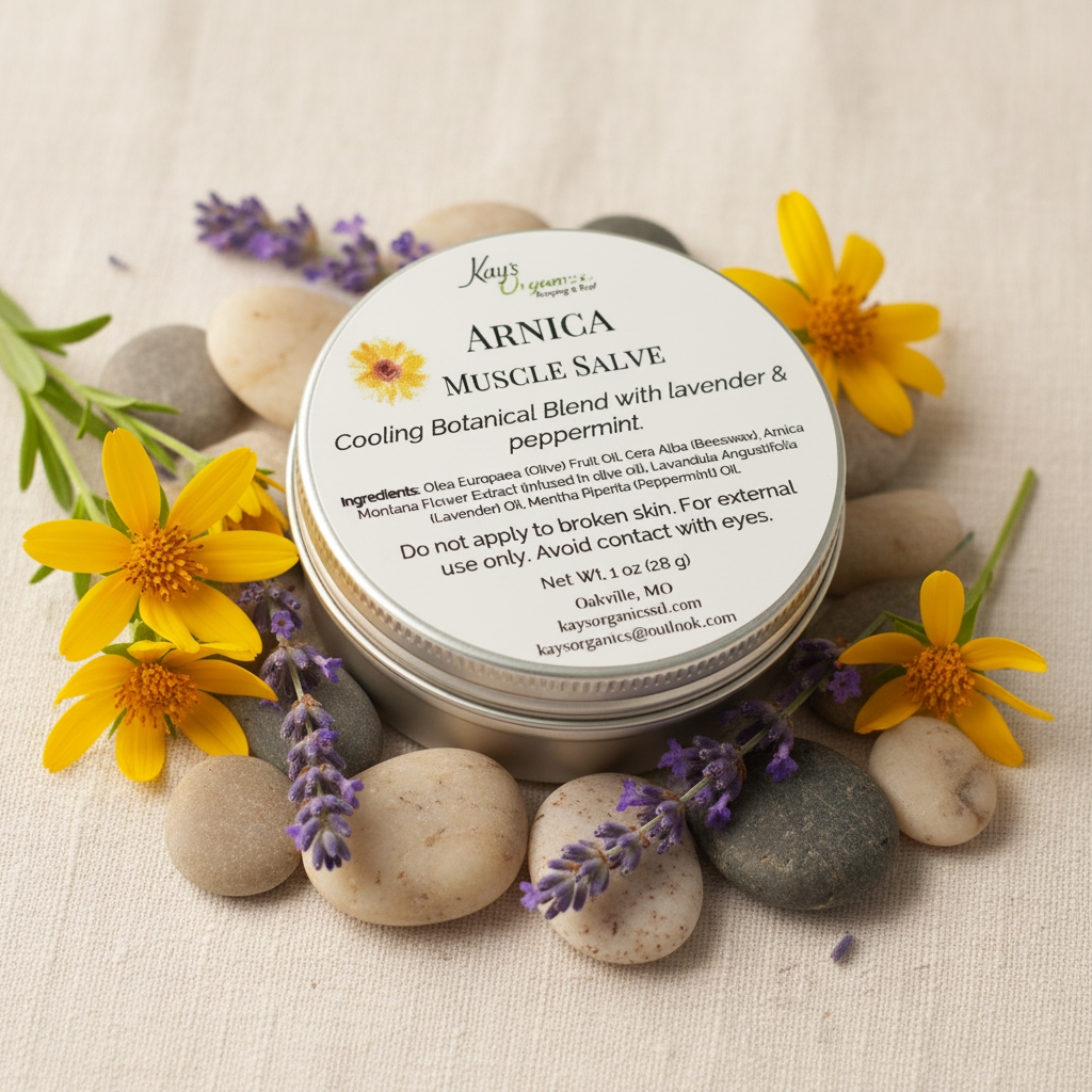 Arnica Muscle Salve by Kay's Organics with arnica flowers and lavender in a spa setting