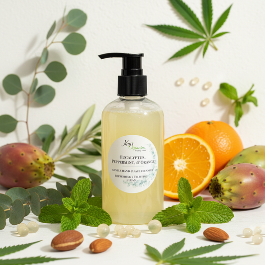 Eucalyptus Peppermint and Orange Gentle Hand and Face Cleanser with eucalyptus, peppermint and orange botanical background
