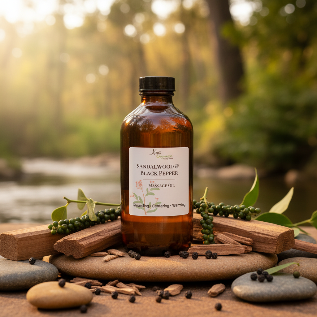 Sandalwood and Black Pepper Massage Oil with sandalwood, black peppercorns and river stones outdoor botanical background