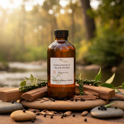 Sandalwood and Black Pepper Massage Oil with sandalwood, black peppercorns and river stones outdoor botanical background