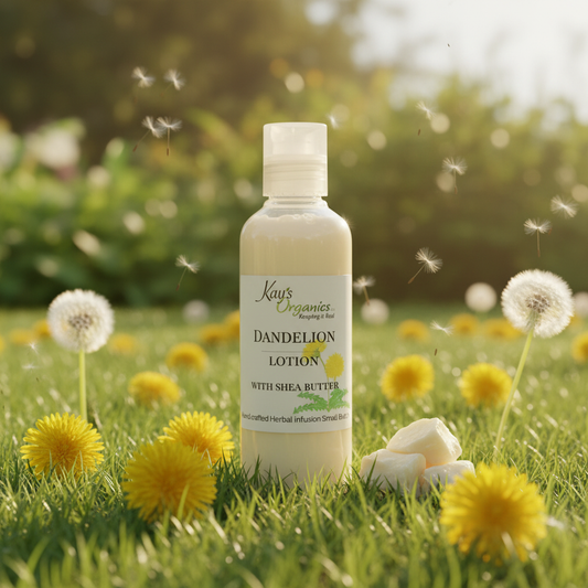 Dandelion Lotion with Shea Butter with dandelion flowers and shea butter botanical background
