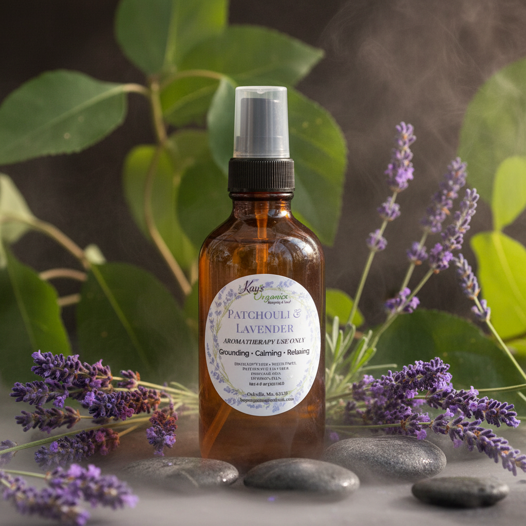 Patchouli & Lavender Aromatherapy Spray with patchouli leaves and lavender blooms spa background