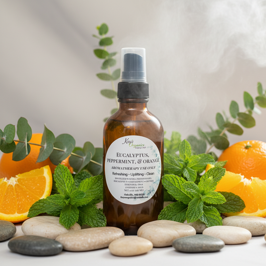 Eucalyptus Peppermint and Sweet Orange Aromatherapy Spray with eucalyptus, peppermint and orange botanical background