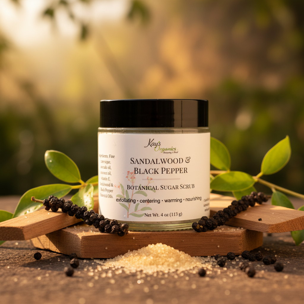 Sandalwood and Black Pepper Sugar Scrub with sandalwood, black pepper and sugar crystals outdoor botanical background