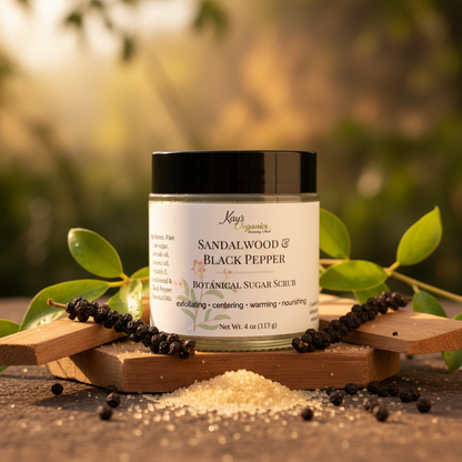 Sandalwood and Black Pepper Sugar Scrub with sandalwood, black pepper and sugar crystals outdoor botanical background