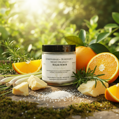 Whipped Shea Butter Sugar Scrub with lemongrass, rosemary, sweet orange and sugar crystals outdoor botanical background