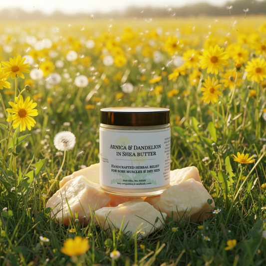 Arnica & Dandelion in Shea Butter with abundant arnica flowers and dandelions in outdoor meadow setting