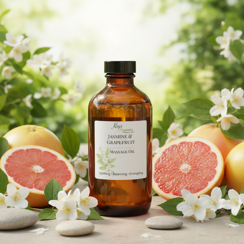 Jasmine and Grapefruit Massage Oil with jasmine flowers, grapefruit slices and river stones outdoor botanical background