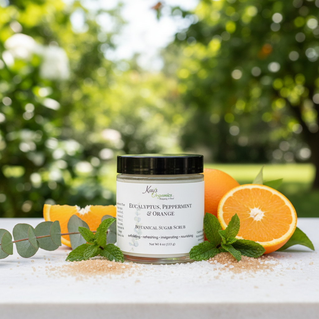 Eucalyptus Peppermint and Orange Sugar Scrub with eucalyptus, peppermint, orange and sugar crystals outdoor botanical background