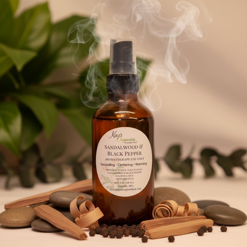 Sandalwood & Black Pepper Aromatherapy Spray with sandalwood and black pepper grounding botanical background