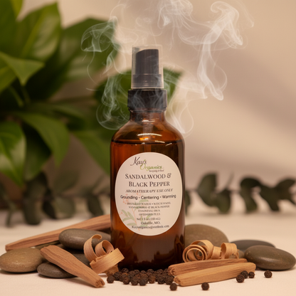 Sandalwood & Black Pepper Aromatherapy Spray with sandalwood and black pepper grounding botanical background