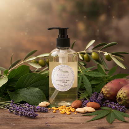 Patchouli & Lavender Hand and Face Cleanser with patchouli and lavender botanical herbal background