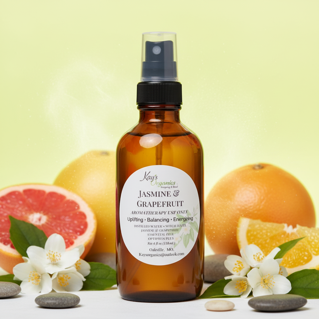 Jasmine & Grapefruit Aromatherapy Spray with jasmine flowers and grapefruit botanical background