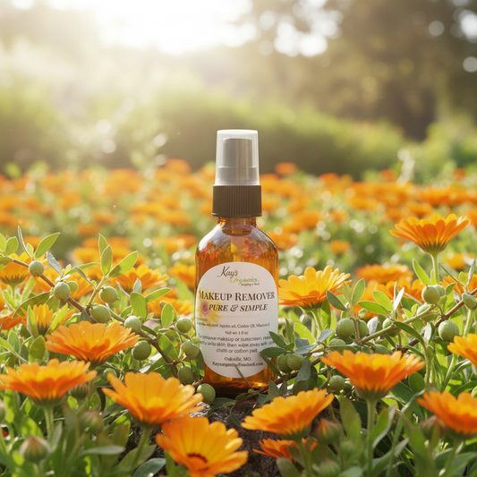 Makeup Remover Pure & Simple with outdoor calendula garden and jojoba botanical background