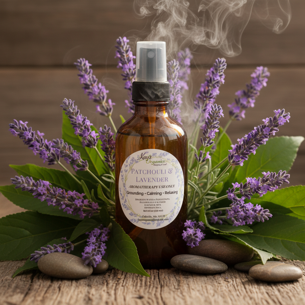 Patchouli & Lavender Aromatherapy Spray with patchouli and lavender botanical background