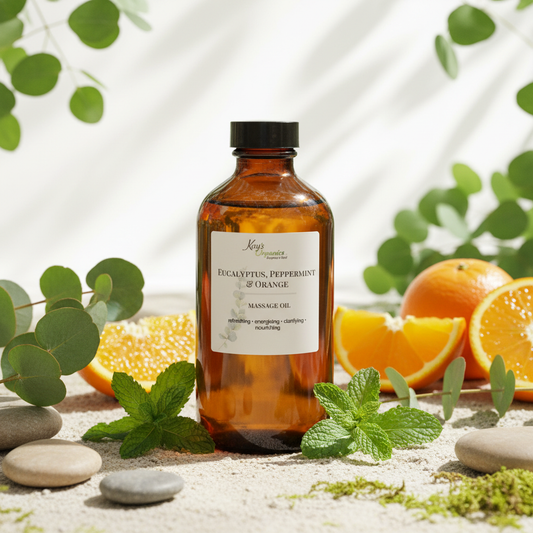 Eucalyptus Peppermint and Orange Massage Oil with eucalyptus, peppermint, orange and river stones outdoor botanical background