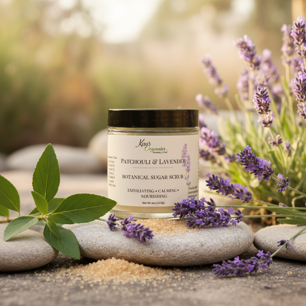 Patchouli and Lavender Sugar Scrub with patchouli leaves, lavender blooms and sugar crystals botanical background