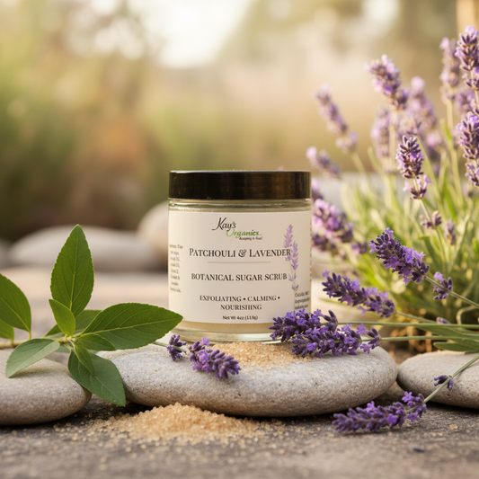 Patchouli and Lavender Sugar Scrub with patchouli leaves, lavender blooms and sugar crystals botanical background